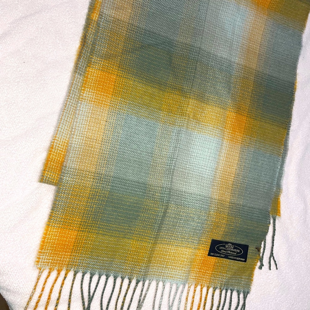 Scarf 100% Cashmere plaid gray & orange Rectangular Made In Germany